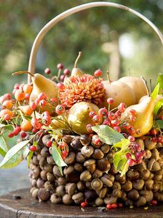 a basket filled with lots of fruit sitting on top of a table