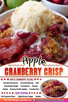 an advertisement for apple cranberry crisp on a plate