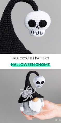 two crocheted halloween decorations, one with a skull on it and the other with a