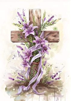 a cross with purple flowers in front of it