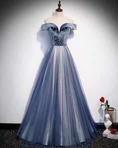 Tulle Formal Dress, Off Shoulder Tulle, Long Party Gowns, Prom Dress Blue, Tulle Long Prom Dress, Strapless Prom Dress, Gaun Fashion, Tulle Evening Dress, Blue Dress Formal