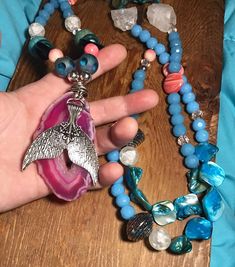 Huge! Long! Blue quartz, pink agate, jade, crystal, swinging hand wrapped mermaid tail, bohemian statement necklace, mala, art, boho, shell by designmefab on Etsy https://www.etsy.com/listing/713109079/huge-long-blue-quartz-pink-agate-jade Blue Festival Jewelry Ocean-inspired, Blue Ocean-inspired Jewelry For Festivals, Blue Ocean-inspired Festival Jewelry, Bohemian Mermaid Necklace For Gifts, Bohemian Mermaid Necklace Gift, Silver Mermaid Tail, Blue Quartz Crystal, Geode Necklace, Jade Crystal