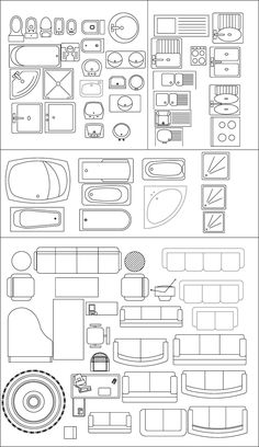 a black and white drawing of different types of furniture in the same line art style