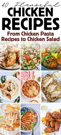 the cover of chicken recipes from chicken pasta to chicken salad, with pictures of different dishes