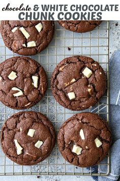 chocolate cookies with white chunks on a cooling rack