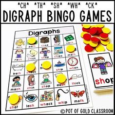 Looking for a fun way to practice DIGRAPHS? These BINGO games reinforce the reading and spelling of 72 words with beginning and ending digraphs. This is the perfect activity for Centers, Word Work, or Guided Reading!This product features THREE different BINGO sets. Each digraph is highlighted in red to reinforce reading and spelling.Easy Digraph Words, Set#1: check, mash, chick, bath, shop, path, rash, math, cash, shed, fish, shut, ship, when, dash, chips, chin, chop, moth, whip, thick, chat, wh Ending Digraphs, Bingo Sets, Digraph Words, Bingo Set, Challenging Games, Animal Alphabet, Bingo Games, Pot Of Gold, Common Core Standards