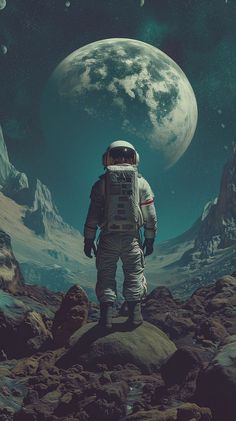 an astronaut standing on rocks looking at the moon