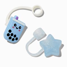 a blue pacifier with a star shaped object attached to it