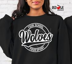 Personalized Wolves School Spirit T-Shirt Crewneck, Hoodie Hooded Sweatshirt Football, Baseball, Basketball, Softball, Track, Volleyball, Cross Country, Cheer, Wrestling Not all colors are available in all sizes and styles.  Please check the color and size charts in photos. We do our best to accurately represent shirt colors by using actual photos but do understand that all monitors will display differently. Please contact us prior to purchase with any questions on sizing or colors. Your purchase includes a custom imprint created specifically for your team! A product proof will be emailed to you within 1 business day.  Please keep an eye on your Etsy messages and reply with any changes within 24 hours. Your order will be sent to production after that time if no response is received. Excess Wolves School Spirit Shirt, Black School Spirit Sweatshirt With Crew Neck, Winter School T-shirt With Letter Print, Black Hoodie With School Spirit Letter Print, Black Hoodie With Letter Print For School Spirit, Black Hoodie With Letter Print For School, Black Crew Neck Hoodie For School Spirit, Sporty Hoodie For School, Sporty School Hoodie Top