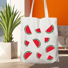 "Watermelon Tote Bag, Grocery Bag, Friendly Bag, Shoulder Bag, Gifts for Her, Fruit Tote Bag, Farmer's Market Bag, Gardening Gift, Cotton Bag 6.0 oz., 100% cotton 20\" self-fabric handles 9\" handle drop Bottom gusset 15\"W x 16\"H x 3\"D" Eco-friendly Summer School Shoulder Bag, Eco-friendly White School Bag, Eco-friendly Bags For Summer School, Eco-friendly Summer School Canvas Bag, Eco-friendly School Bag For Summer, Eco-friendly White Shoulder Bag For School, Diy Bag Painting, Fruit Tote Bag, Creative Tote Bag