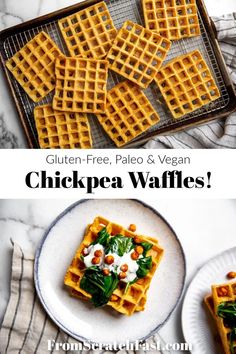 two plates with waffles on them and the words gluten - free, pale & vegan chickpea waffles