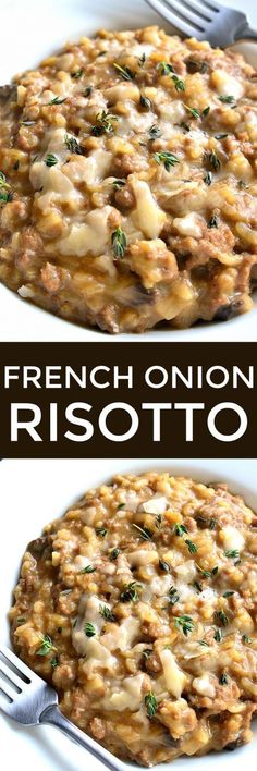 two plates with different types of food on them and the words french onion risotto