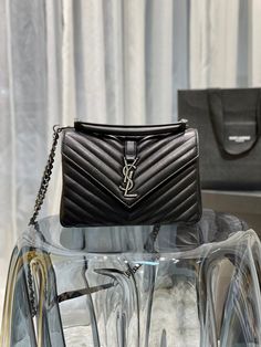 YSSL College Medium Chain Bag Black Silver Toned Hardware For Women 9.4in/24cm YSL 600279BRM041000 Ysl College, Yves Saint Laurent Bags, Brand Bags, Monogram Bag, Saint Laurent Bag, Zip Pouch, Quilted Leather, Chain Bags, Luxury Brand