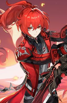 an anime character with red hair and armor