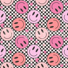 pink and black smiley faces on checkered background