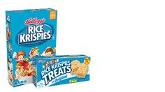 two boxes of rice krispies next to each other on a white background and one box has cereal in it