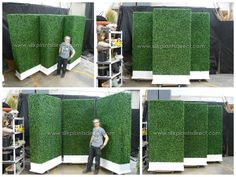 four photos of a man standing in front of a green wall with grass growing on it