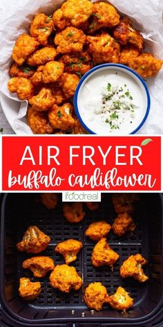 air fryer buffalo cauliflower with ranch dip in the middle and chicken wings on the side