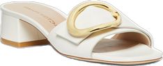 Elegant Formal Flat Slides, Elegant Evening Slides, Elegant Flat Slides For Formal Occasions, Elegant Summer Sandals With Gold Buckle, Elegant Sandals With Gold Buckle For Summer, Elegant Sandals With Gold Buckle For Spring, White Mules With Buckle Closure For Formal Occasions, Elegant Gold Flat Slides, Elegant White Flat Slides