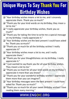 a birthday wish list with the words unique ways to thank you for your birthday wishes