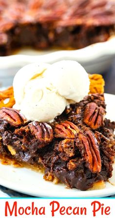 a piece of pecan pie with ice cream on top