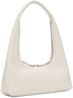 Polished crinkled leather shoulder bag in off-white. · Fixed rolled carry handle · Logo stamp at face · Two-way zip closure · Card slot at interior · Full logo-woven twill lining · H4.5 x W10.5 x D3 · Total height: H12 Supplier color: Cream glossy plain Modern White Hobo Bag For On-the-go, White Hobo Bag With Zipper And Double Handle, White Leather Hobo Bag With Zipper Closure, White Double Handle Hobo Bag With Zipper, Modern White Shoulder Bag With Zipper Pocket, Modern Cream Bag With Zipper Closure, Modern Cream Bags With Zipper Closure, Modern Cream Shoulder Bag With Zipper Closure, Marge Sherwood