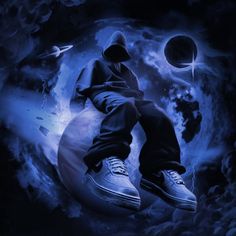 a man sitting on top of a white ball in the middle of clouds and planets