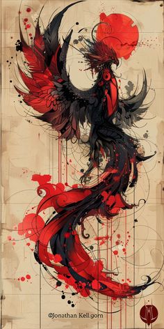 a drawing of a bird with red and black paint splatters on it's body