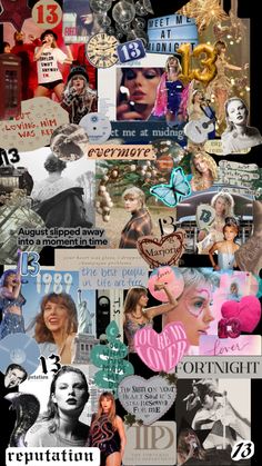 the collage is made up of many different pictures and words, including women's faces