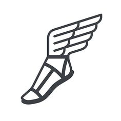 a pair of shoes with wings on the soles in black and white line art