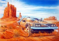 a painting of a car driving through the desert