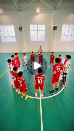 a group of young men standing on top of a basketball court next to each other