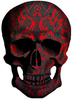 a skull with red and black designs on it