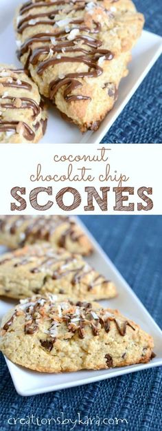 coconut chocolate chip scones on a white plate