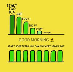 a yellow background with green bars and the words, good morning start something you can do every single day