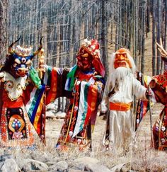 three people dressed in colorful costumes standing next to each other near some trees and rocks