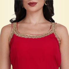 Introducing the Elegant Garara Set with Gold Accent - Deep red! This beautiful garara set is perfect for any formal occasion. The heavy gold gota accents on the top, garara, and dupatta make this set a true standout. The simple design is chic and timeless. Whether you're attending a wedding, engagement party, or other formal event, this garara set is sure to make you look and feel your best. Fabric for sleeves is included in all of our clothing, unless specified otherwise. Gold Palazzo Set With Gota Work For Celebration, Gold Georgette Sharara For Celebration, Gold Palazzo Set For Diwali Celebration, Gold Palazzo Set With Dori Work For Party, Gold Georgette Choli For Celebration, Red Chinon Sharara For Party, Red Floor-length Sharara For Celebration, Elegant Red Gota Work Choli, Elegant Red Choli With Gota Work