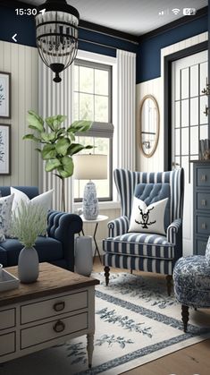 a living room with blue and white furniture