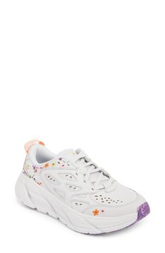 HOKA Gender Inclusive Vibrant Bloom Clifton L BP Sneaker | Nordstrom Spring Functional Sneakers With Boost Midsole, Leather Running Shoes For Spring, Spring Leather Running Shoes, Nimbus Cloud, Gender Inclusive, Embroidered Leather, Up Styles, Sneakers Fashion, Rocker