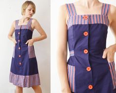 Free shipping worldwide! Please press "Learn more about this item" to read full description and measurements below ↓. Pure cotton pinafore style dress in navy wuth striped trims and pockets. Dress closes with large red buttons in front (not completely all the way down) and waistline can be adjusted with wide ties at the back. Dress is unlined. Brand: not stated Material: cotton Size: tagged 36, would best fit XS/S Condition: great vintage condition Measurements Length - 105 cm/41.3" Shoulder to Red Button, Back Dress, Dress Clothes For Women, Dresses Xs, Pure Cotton, Favorite Outfit, Fashion Dresses, Dress Outfits, Midi Dress