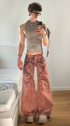 archive outfit, heart shaped pants, heart shaped, low rise pants, low rise men, y2k outfit, off shoulder top, mens outfit, summer outfit inspo, unisex Mesh Top Male, Summer Outfit Inspo Men, Mens Y2k Fashion, Gay Club Outfit, Marlon Noah, 2000s Alt Fashion, Growing Long Hair, S Haircut, Good Haircut