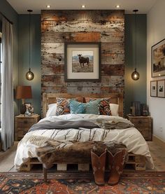 a bedroom with a wooden headboard and rug