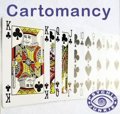 an image of a card game with the words cartomancy on it and four playing cards