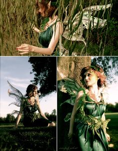 a woman dressed as a fairy sitting in the grass