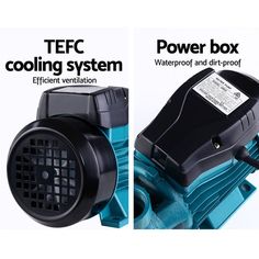 two different types of water pumps with the words tefc cooling system and power box