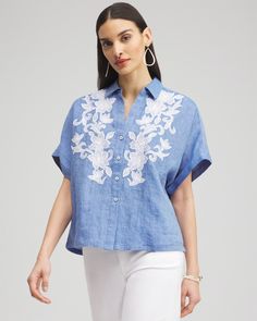 Linen Embroidered Applique Shirt - Chico's Outfits Everyday, Linen Tops, White Linen Pants, Applique Shirts, Linen Clothing, Blouse Short Sleeve, Applique Embroidery, Embroidered Applique, Summer Dress Outfits