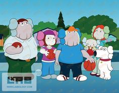 cartoon characters standing around each other in front of trees