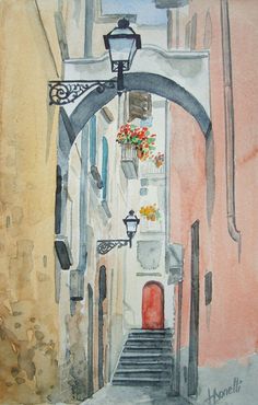 watercolor painting of an alleyway with stairs and flowers