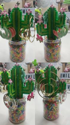 four different shots of cactus in jars filled with candies and other things to make it look like they are made out of legos