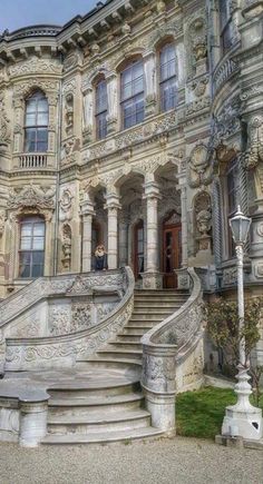 an ornate building with steps leading up to the front door and stairs down to the second floor